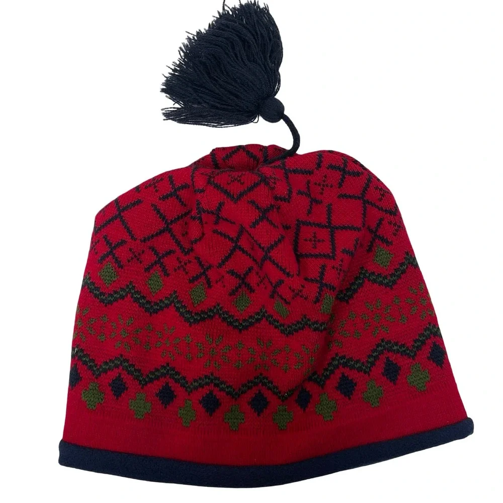 LLBean Kids Boys Knit‎ Hat Red Fair Isle Tassel Blue Fleece Lined Size M